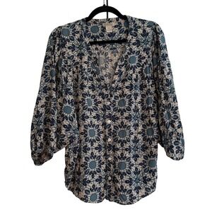 Lucky Brand Blue Medallion Print V-Neck Balloon Sleeve Button Down Blouse Small